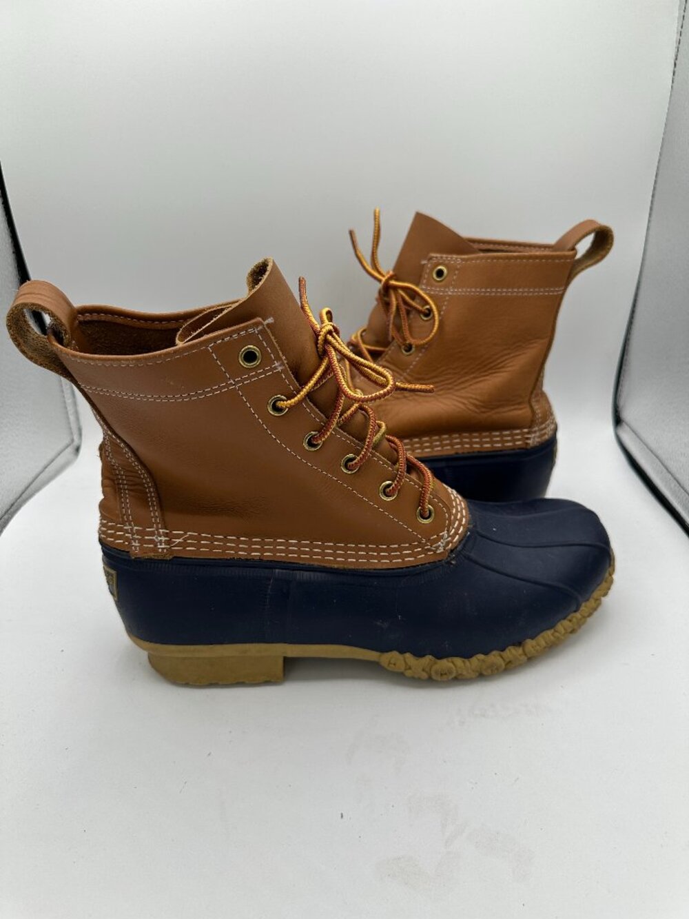 LL Bean 8 Inch Duck Boots Brown Navy Leather Waterproof Rain Snow Men's 9.5-10